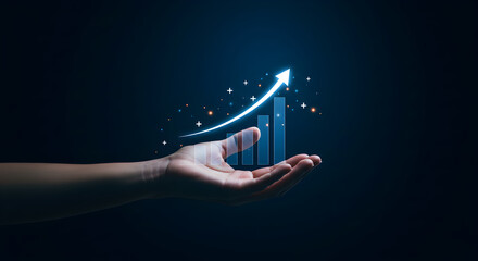 Poster - Illuminated Hand Presenting Blue Bar Graph with Upward Arrow on Dark Background Representing Business Growth
