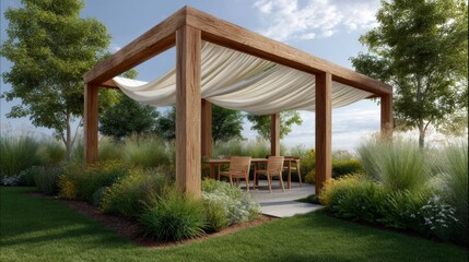 Poster - Sunlight filters through a softly draped canopy, creating a tranquil space for relaxation and socializing. Surrounding greenery adds to the serene outdoor setting, ideal for gatherings