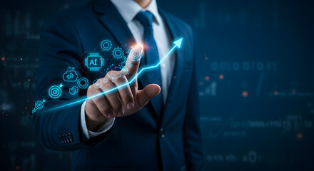 Poster - Man in Dark Blue Suit Pointing Upward Arrow on Digital Interface with Data Visualization for Business Growth