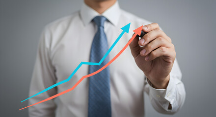 Poster - Man in Formal Attire Drawing Ascending Graph with Blue and Red Arrows on Transparent Surface in Studio Setup