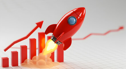 Aufkleber - Red Rocket Launches Over Red Bar Graph on Grid Background Symbolizing Business Growth