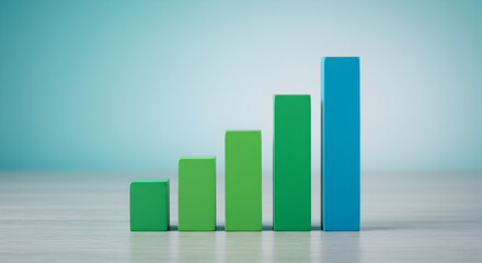 Poster - Rising Bar Chart Displaying Business Financial Growth on White Surface with Teal Gradient Background