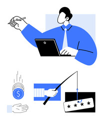 Poster - professional at a laptop, hand catching coins, phishing with password theft, and data protection con