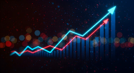 Poster - Vibrant Graph with Upward Arrows in Blue and Red Hues on a Dark Background Illustrating Business Growth