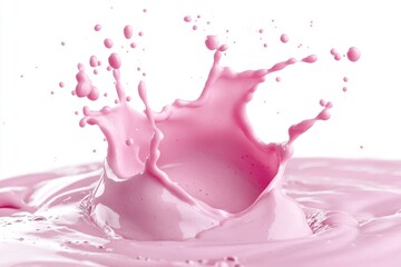 Poster - Close up of a pink liquid splash with droplets against a bright white background in studio shot