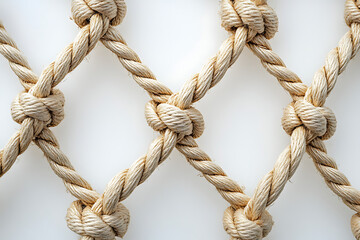 Detailed macro shot of beige rope net with knots on white background