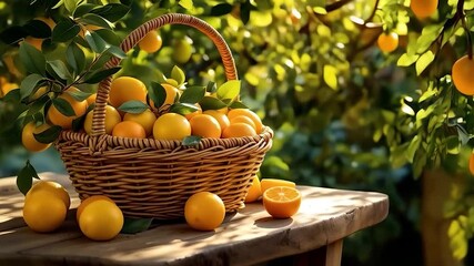 Poster - A rustic wooden table hosts a woven basket overflowing with vibrant oranges, illuminated by soft, dappled sunlight filtering through lush green leaves. 