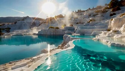 Poster - Tranquil thermal pools with crystalline turquoise water surrounded by white travertine terraces. Warm sunlight creates reflections, enhancing the serene atmosphere. 