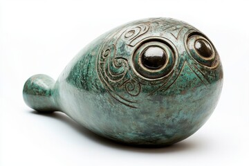 Poster - A verdigris fish shaped object with decorative carvings on a white background in studio light