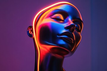 Poster - A metallic female head sculpture with neon light outlining the face and neck in vibrant colors
