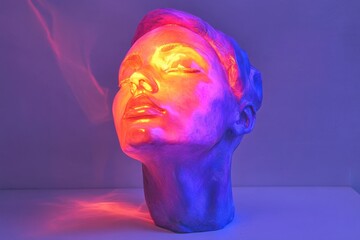 Poster - Illuminated sculpture of a head with closed eyes in red and blue light against a purple background