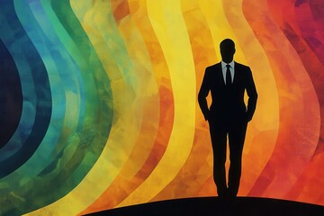 Poster - Silhouette of a man in a suit standing against a vibrant colorful striped abstract background 