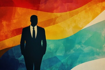 Poster - Silhouette of a man in a suit against a colorful abstract background with wavy stripes