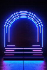 Poster - Neon arch in dark blue lights room with clouds. Abstract background for party stage or product display.