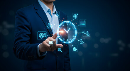Poster - Businessman Touching Glowing Time Management Icon in Blue Suit