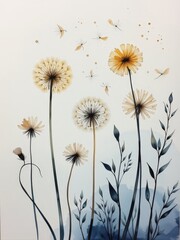 Poster - Soft Muted Watercolor Dandelions Surrounded by Gentle Nature Elements