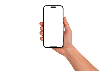 hand holding smartphone with blank screen isolated. high quality studio shot. concept for technology