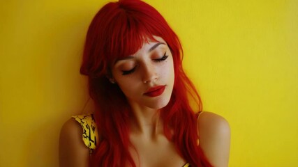 Leinwandbilder - A woman with bright red hair wearing a yellow dress, possibly for a celebration or special occasion