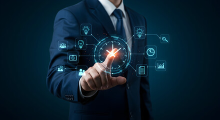 Poster - Midsection of Businessman Touching Digital Clock with Icons Wearing Blue Suit Against Dark Blue Background
