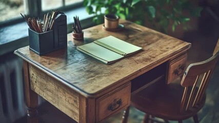 Poster - A wooden desk with a notebook and pen holder, ideal for office or study use