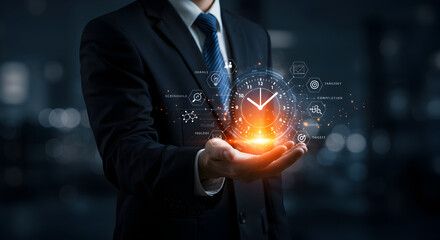 Poster - Person Holding Digital Globe Network in a Suit Against Blurry Dark Background Showing Global Business and Technology Communication