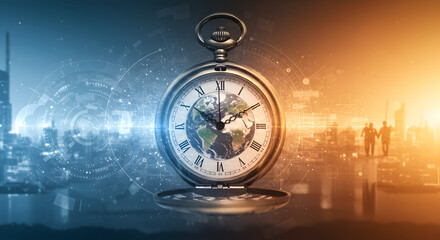 Poster - Pocket Watch with World Globe Face on Modern Cityscape Background with Orange and Blue Tone