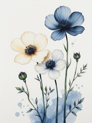 Poster - Elegant Anemone Flowers on Soft Ivory Background with Blue Tones