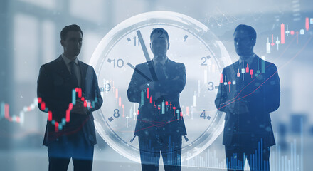 Poster - Three Business Men in Suits Standing Before Clock and Stock Market Chart in Blue Tint