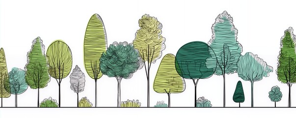 Stylized line art illustration of various trees in green and yellow hues on white background, concept for nature design, environmental projects, and landscape architecture