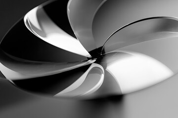 abstract, swirling, multi-layered, propeller-like design, in grayscale, with smooth, reflective surf