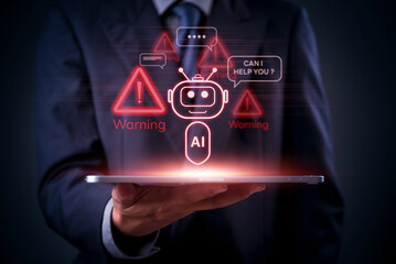ai, technology, and cybersecurity warnings displayed as red holograms above a tablet in businessman 
