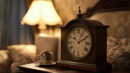 Poster - A clock sits atop a table beside a lamp, simple scene for everyday use