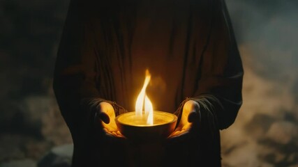 Poster - A person holding a bowl of food with flames coming out, potentially for a cooking or camping scene