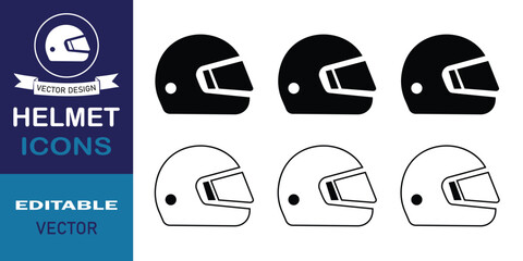 Fototapete - Motorbike helmet icon set. Silhouette of motorcycle helmet, fill and outline icons isolated on white background. Vector illustration.