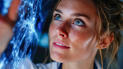 Poster - Female scientist interacting with futuristic blue digital neural interface screen