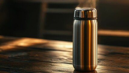Aufkleber - A stainless steel water bottle sits on a wooden table, perfect for outdoor or office use
