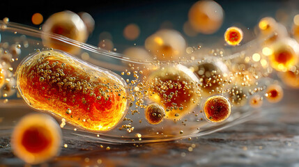 Poster - Abstract microscopic view of golden particles and cells floating in a transparent liquid environment with glowing lights