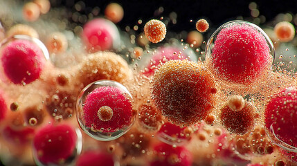Poster - Abstract close-up of red and orange gel-like spheres immersed in liquid with fine bubbles, resembling biological cells under a microscope