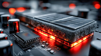 Poster - Close-up of a futuristic electronic circuit board with glowing red elements and integrated solar panel components, symbolizing innovation in renewable energy and microchip design