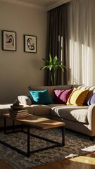 Poster - Cozy Sunlit Living Room with Elegant Decor and Natural Light