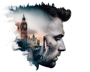 Poster - Artistic Double Exposure of Urban Landscape and Silhouette with Architectural Elements Featuring a Man's Profile at Sunset