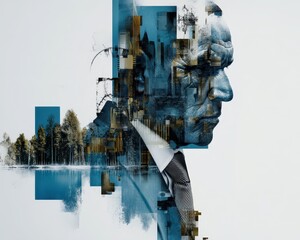 Poster - Urban Architecture Double Exposure Silhouette Featuring Contemplative Man with Blended Cityscape and Nature Elements for Modern Aesthetic Visuals