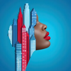 Poster - Creative Double Exposure of Urban Architecture Merging with a Silhouette of a Woman's Profile Against a Vibrant Blue Background