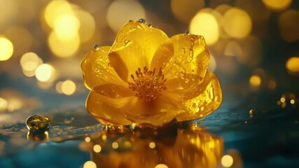 Poster - A single yellow flower sits atop a wet surface, possibly after rainfall or from a water source
