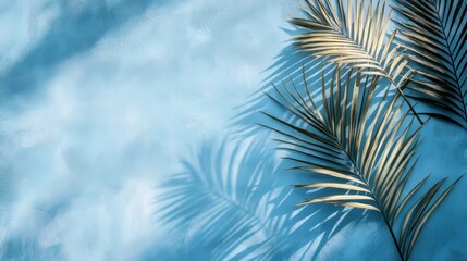 Poster - Palm leaf shadows on a light blue wall. A simple, clean background, perfect for showing off products. Great for spring or summer themes.
