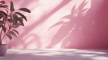 Poster - Pink background for showing off products. A simple room with plant shadows. Space to add your own text. Great for summer themes. A soft, blurry look.
