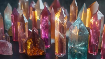 Poster - A collection of vibrant crystals displayed on a table, suitable for decorative or scientific use
