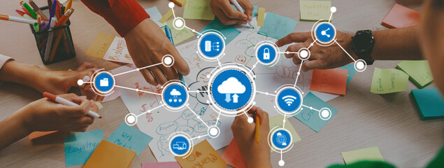 Aufkleber - engaging scene depicting collaboration in technology, with hands working over colorful sticky notes 