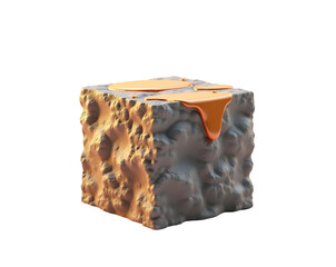 Poster - Captivating photorealistic rendering showcases a textured cubic structure adorned with flowing amber liquid, creating a striking contrast of form and color palette