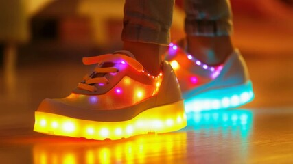 Poster - A close-up shot of a person's shoes with lights on, useful for nighttime or dark-themed compositions